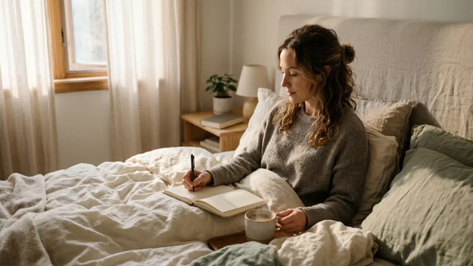 A woman journaling in bed in the morning with coffee