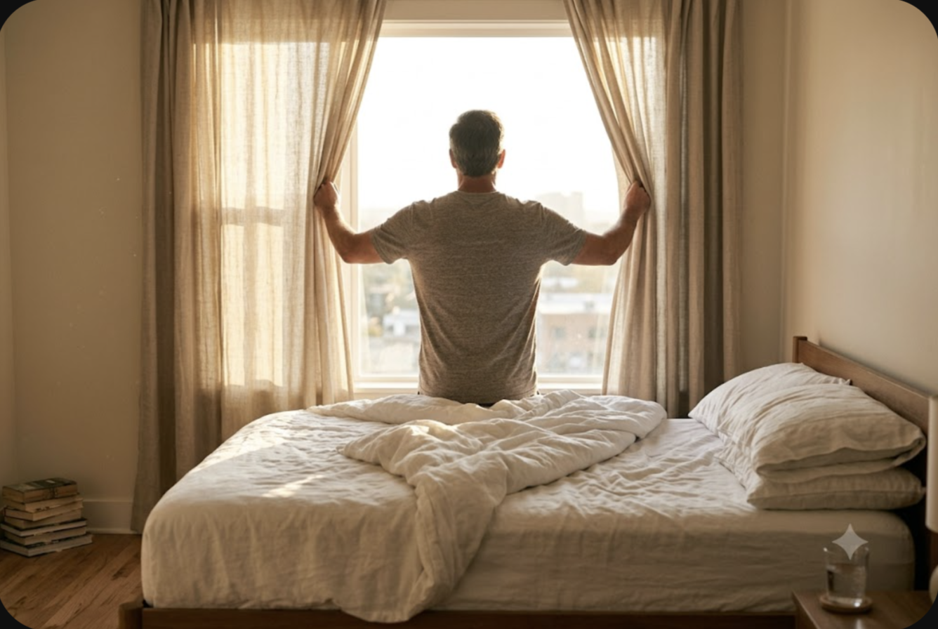 Man opening bedroom curtains to bright morning light, pushing through the hardest hour of morning depression with a steady start to the day