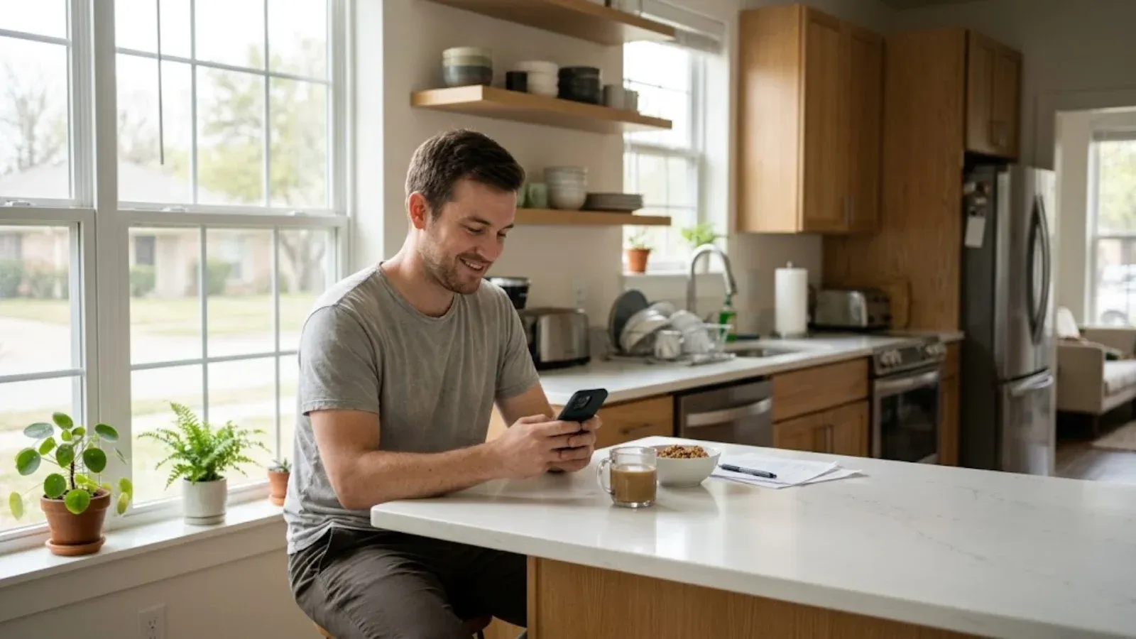 A man checking his phone in a bright kitchen