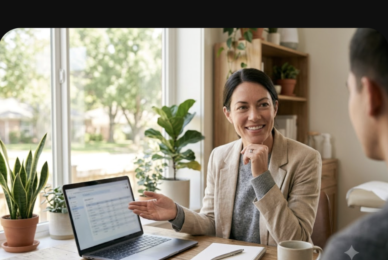 Woman sits at a desk beside a laptop and papers in a sunlit office.