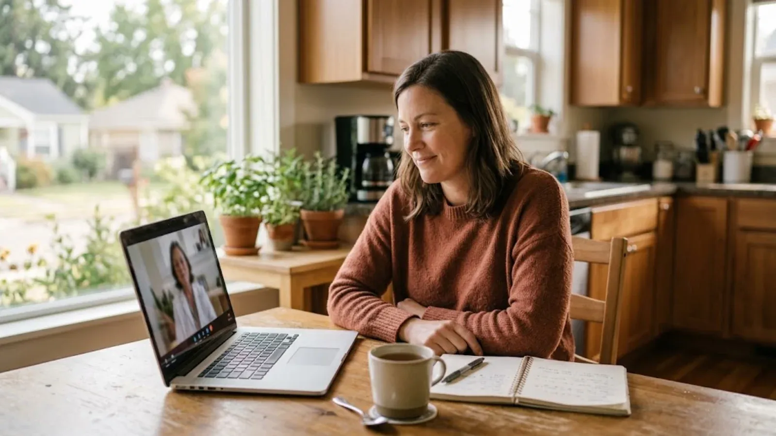 A woman on a video appointment on her laptop at the kitchen table with tea and a notebook