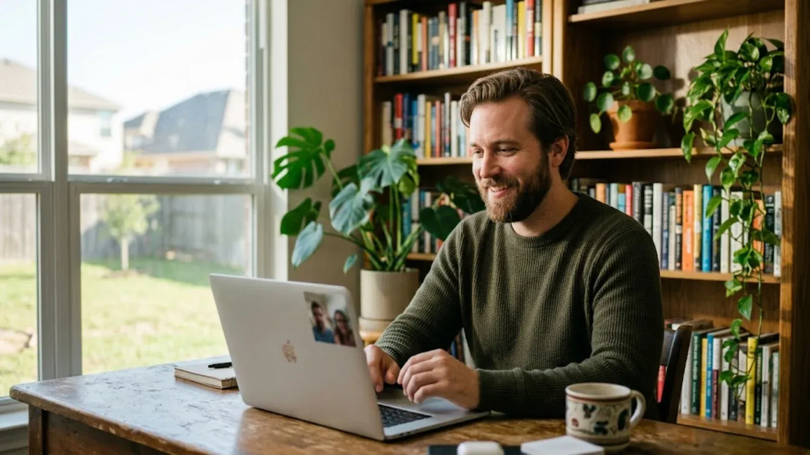A man on a video call at a home desk
