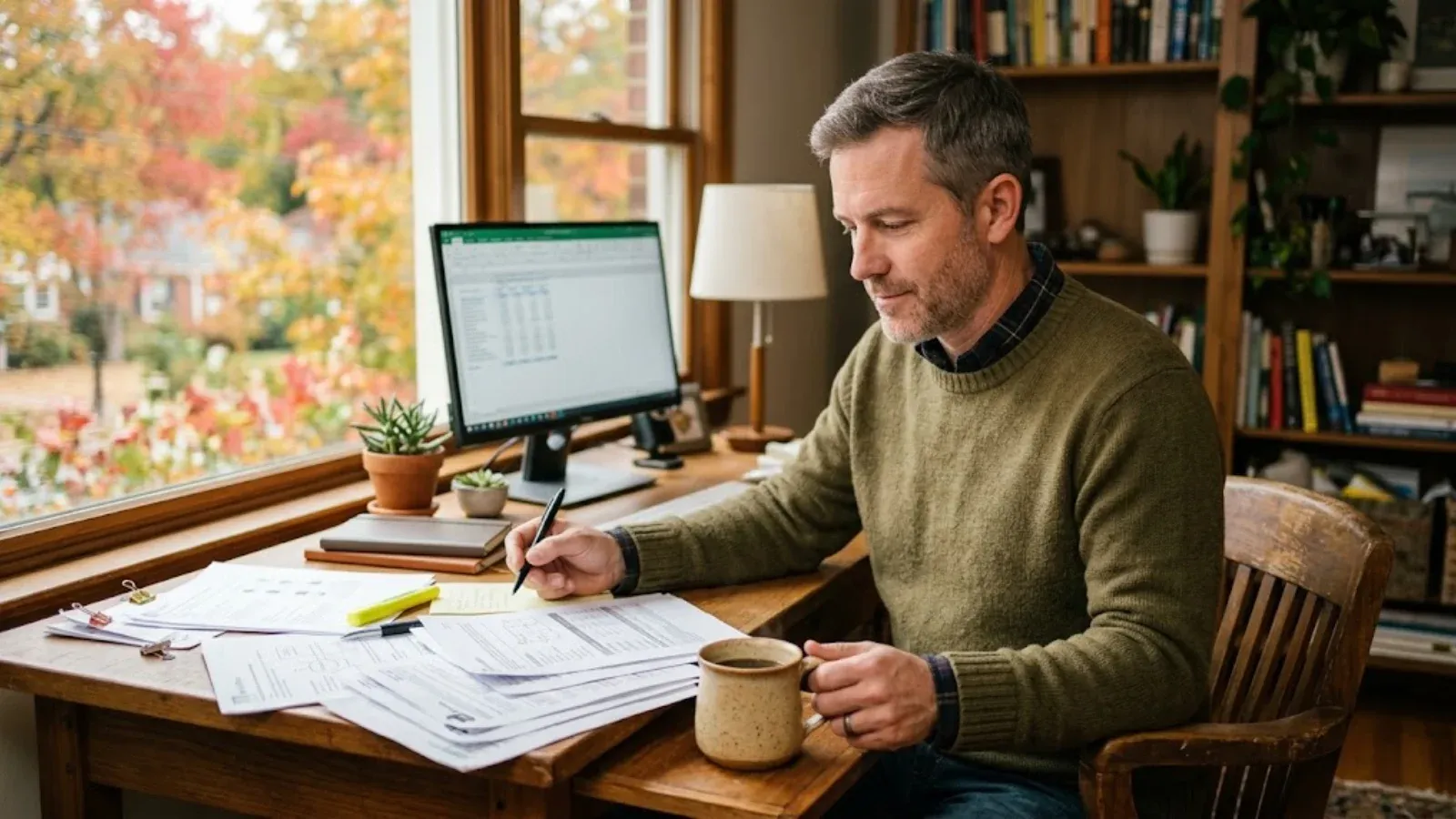 A man reviewing benefits paperwork at a home desk in autumn