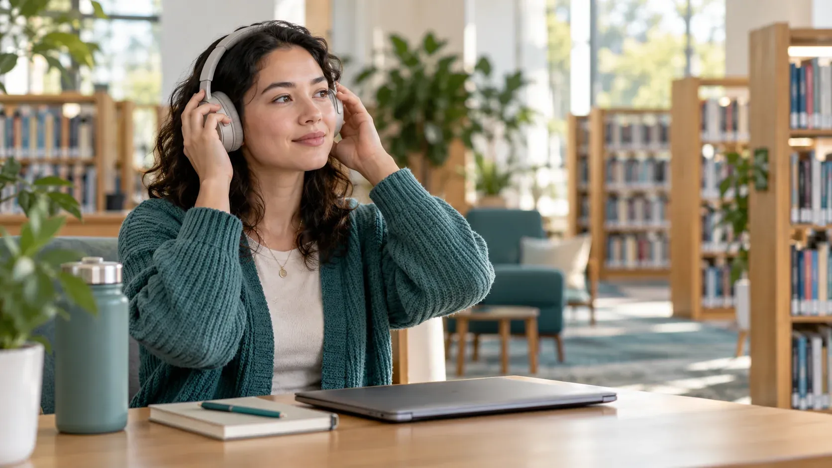 Woman adjusts over-ear headphones at a library table beside a closed laptop and notebook.