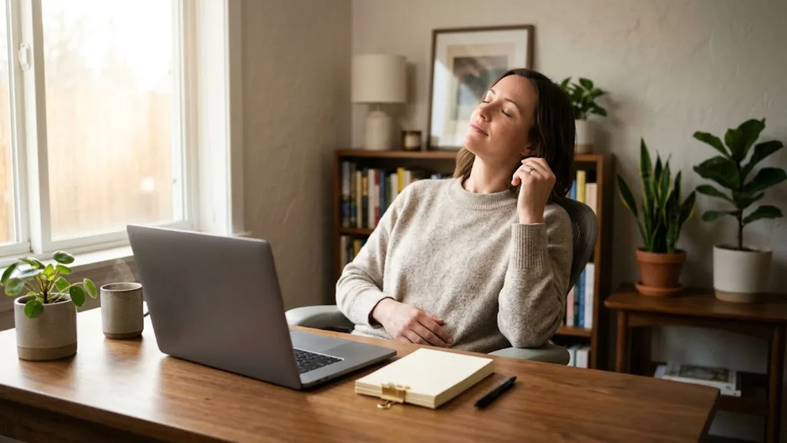 A woman leaning back from her laptop and closing her eyes for a moment