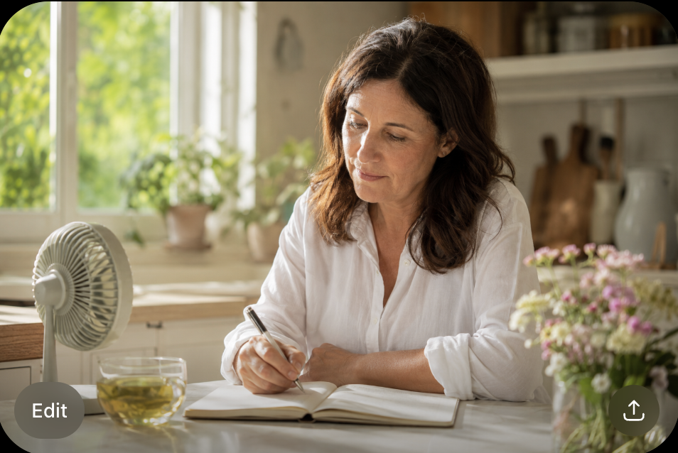 Woman in her late 40s journaling at a bright kitchen table with herbal tea and a small fan, managing perimenopause anxiety with calm morning routine