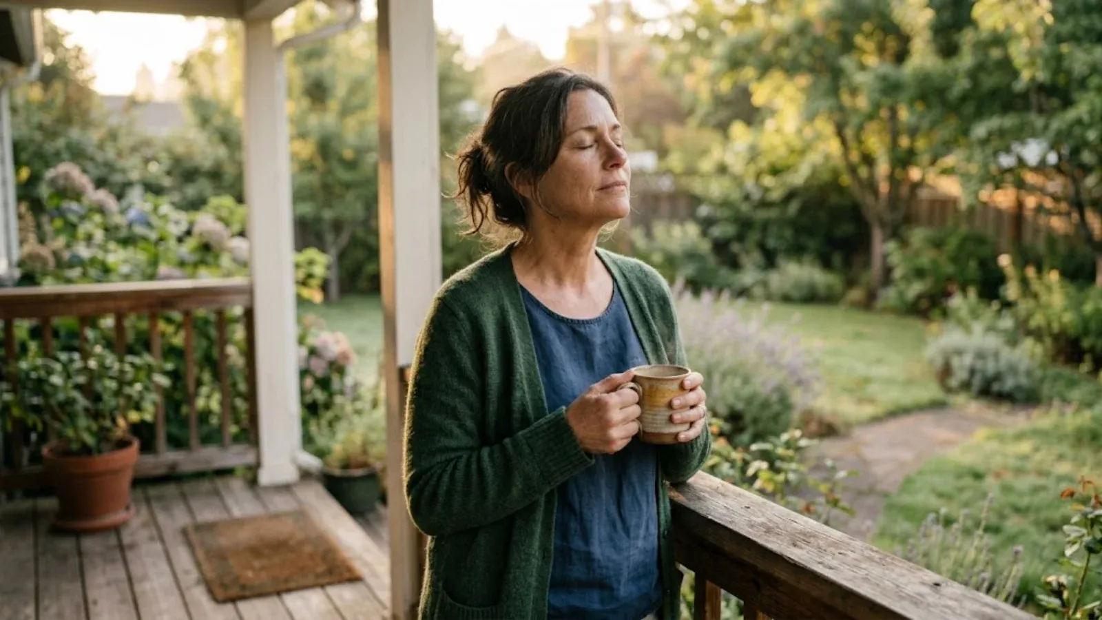 A woman around fifty taking a slow breath on her back porch at dawn with a mug