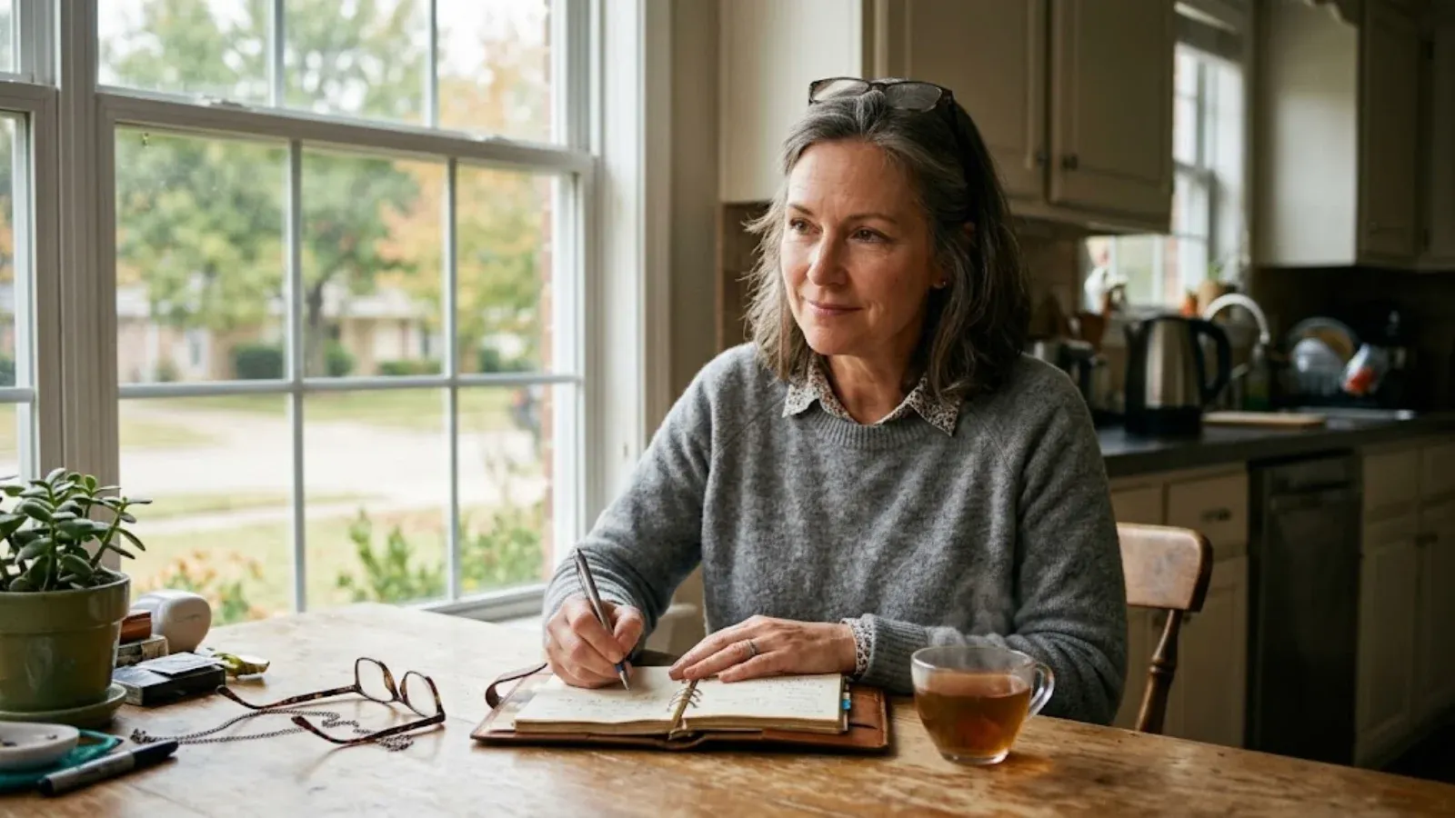 A woman around fifty writing notes in a planner at a kitchen table beside a cup of tea