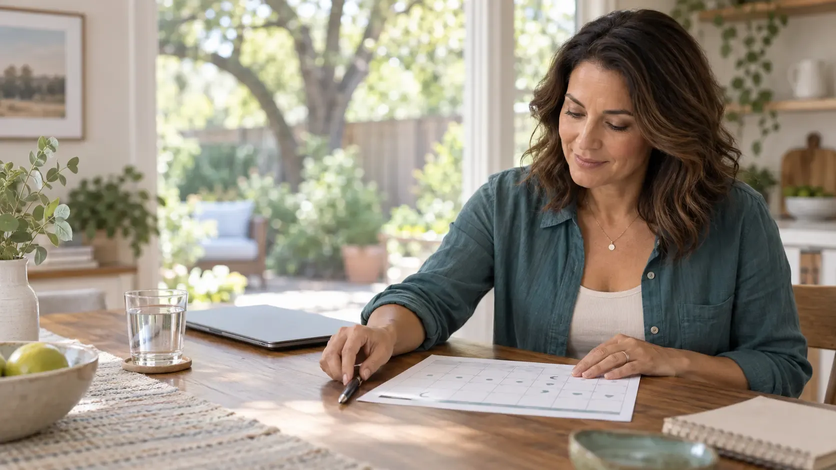 Woman reviews a simple symptom calendar beside a closed laptop at a sunlit kitchen table.