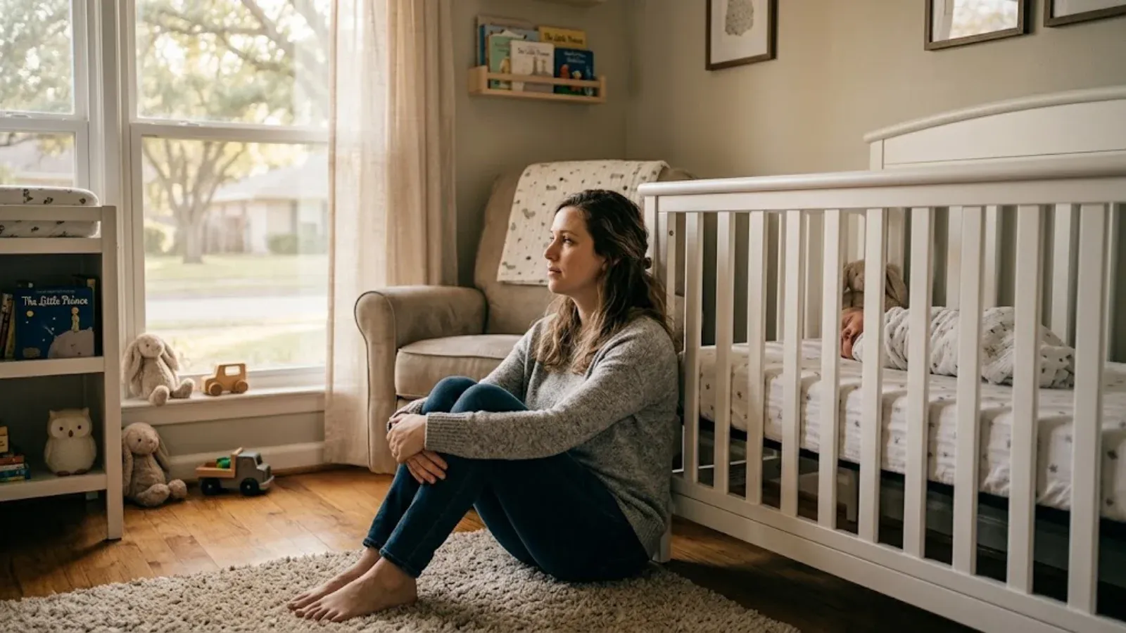 A worried new mother sitting on the nursery floor beside her sleeping baby's crib