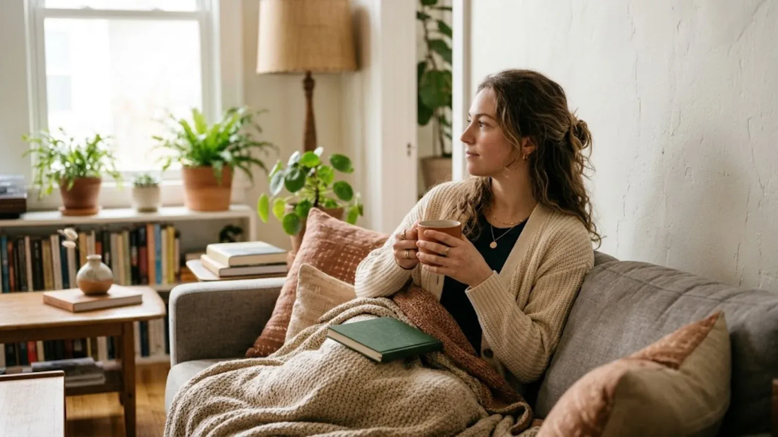 A woman curled up on a couch with tea and a closed notebook, gazing out a window