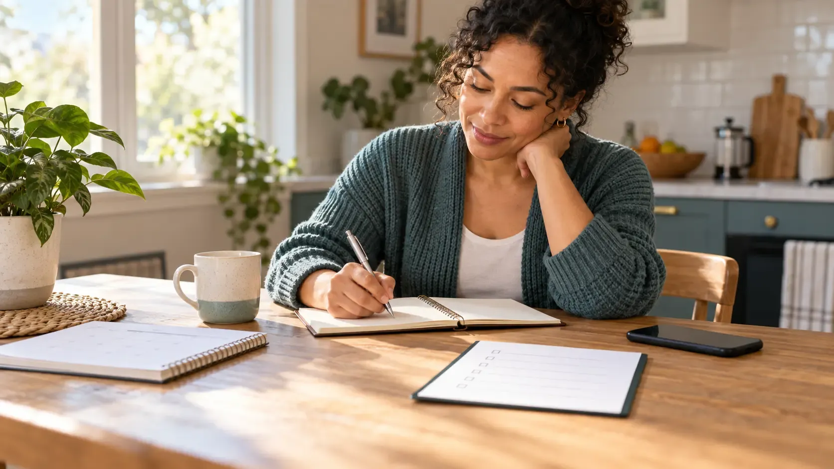 Woman writes appointment questions beside a blank checklist and calendar at a kitchen table.