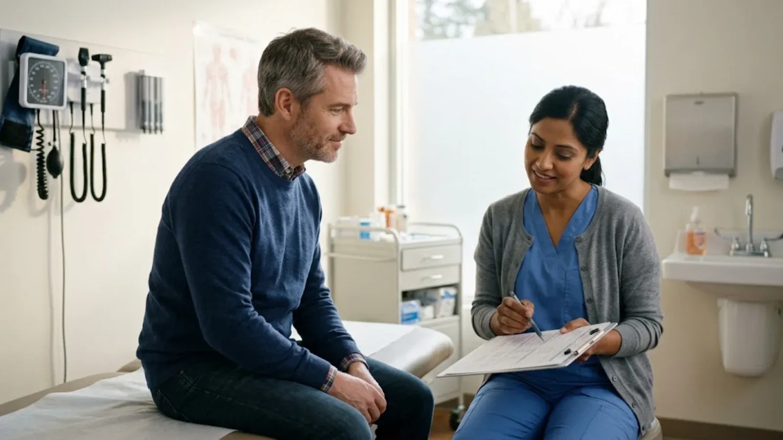 A doctor sitting beside a male patient in an exam room explaining a questionnaire on a clipboard