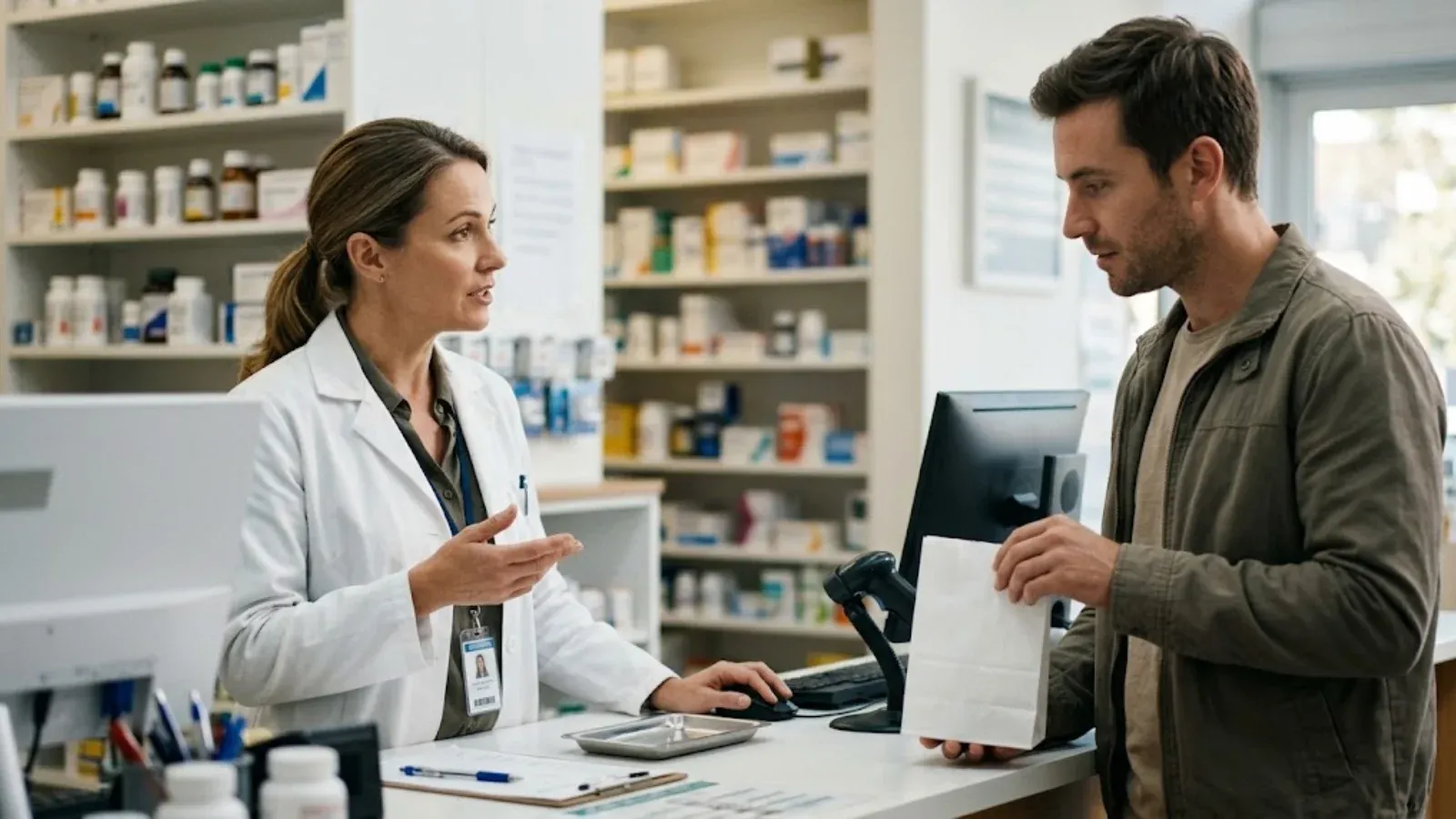Pharmacist at a bright pharmacy counter explaining information to a man holding a white paper bag
