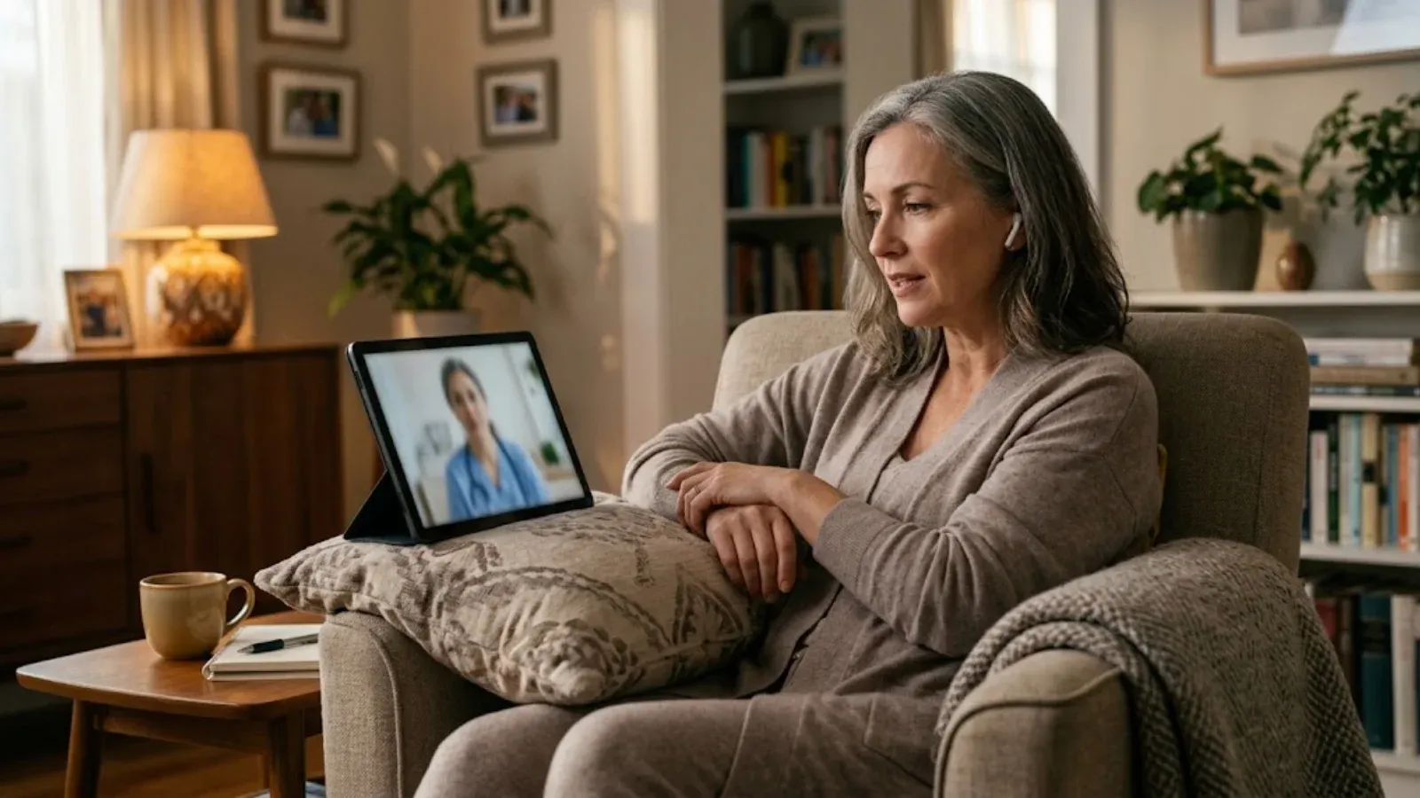 Woman in an armchair at home talking with a clinician on a tablet during a telehealth video visit