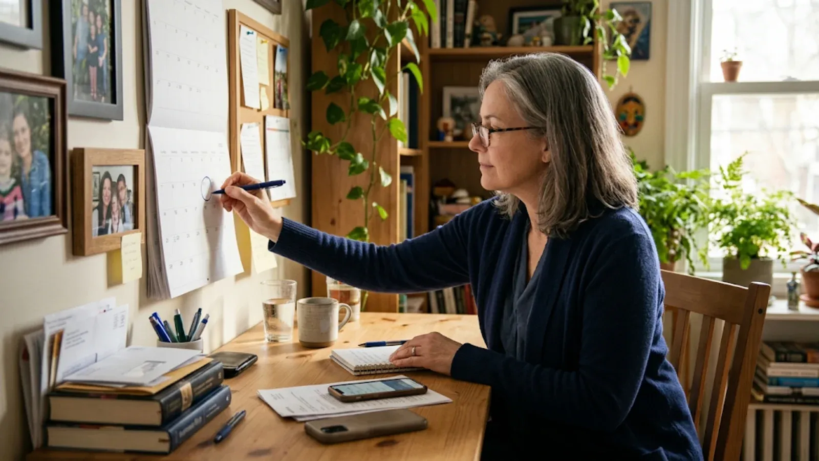 Woman at a home desk with reading glasses circling a follow-up appointment date on a wall calendar