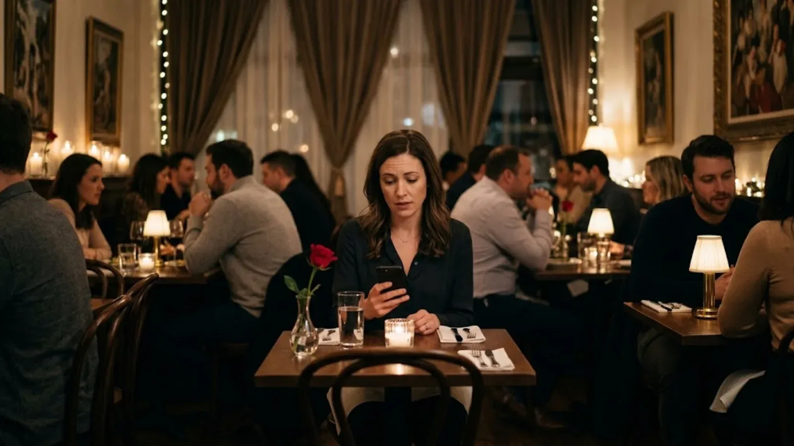 Woman alone at a candlelit restaurant table on Valentine’s Day, glancing nervously at her phone beside a red rose