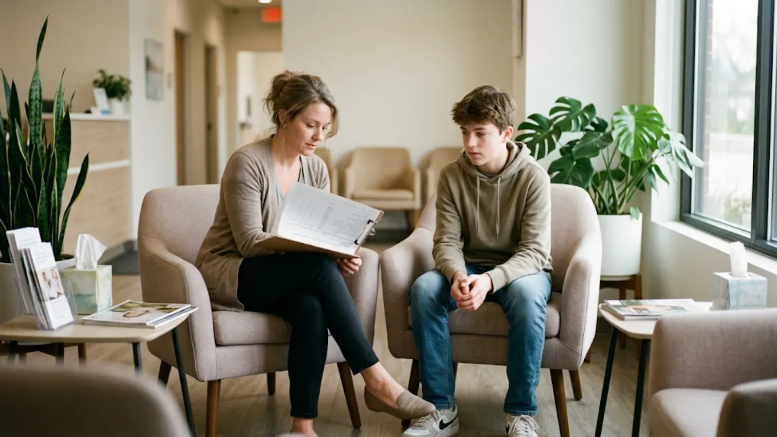 Mother filling out an intake form beside her teenage son in a calm, bright clinic waiting area