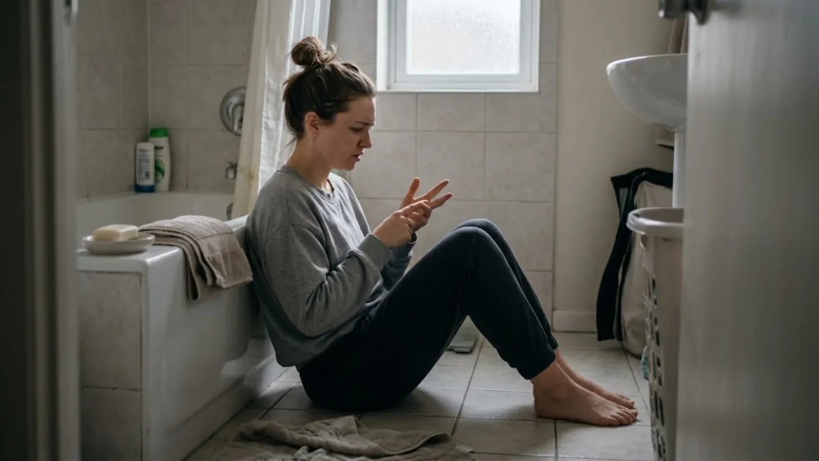 Young woman sitting on a bathroom floor against the tub, counting on her fingers with a strained expression