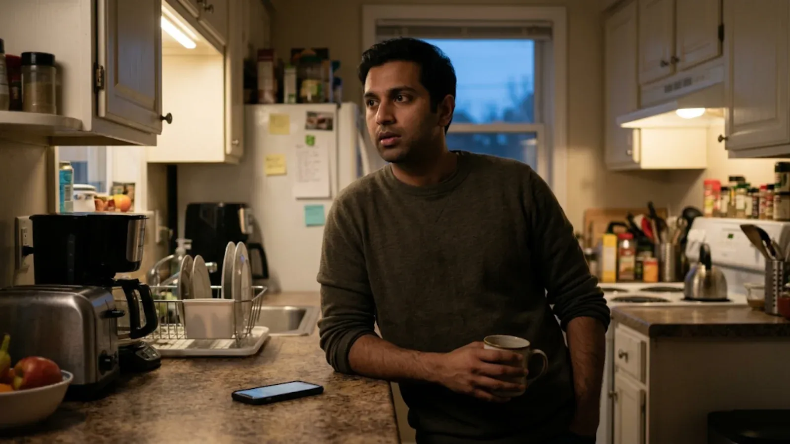 Man leaning on a kitchen counter in the evening holding a mug, gazing into space as he silently rehearses a conversation