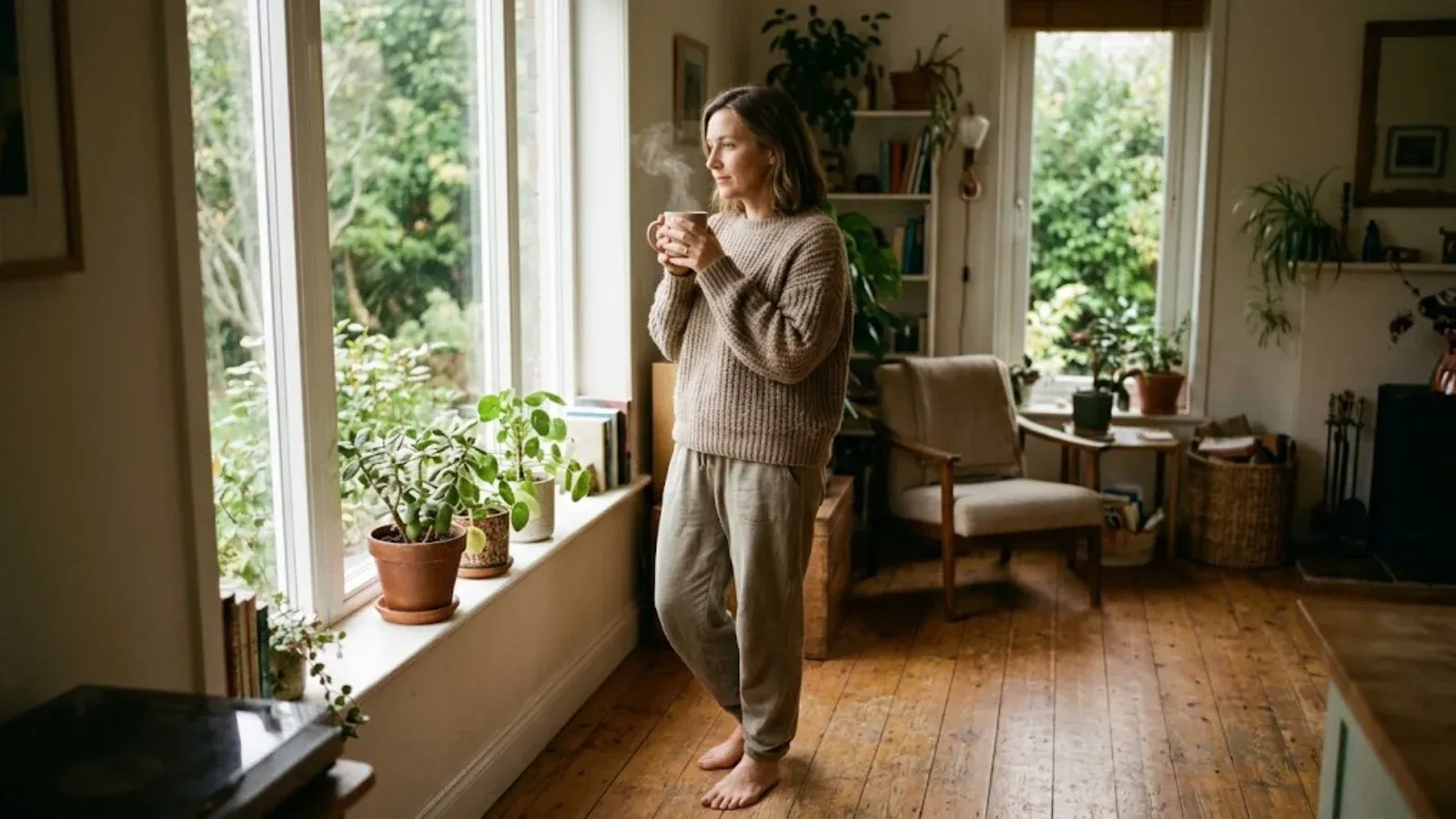 Woman standing barefoot by a sunny window holding a steaming mug, calmly noticing her surroundings