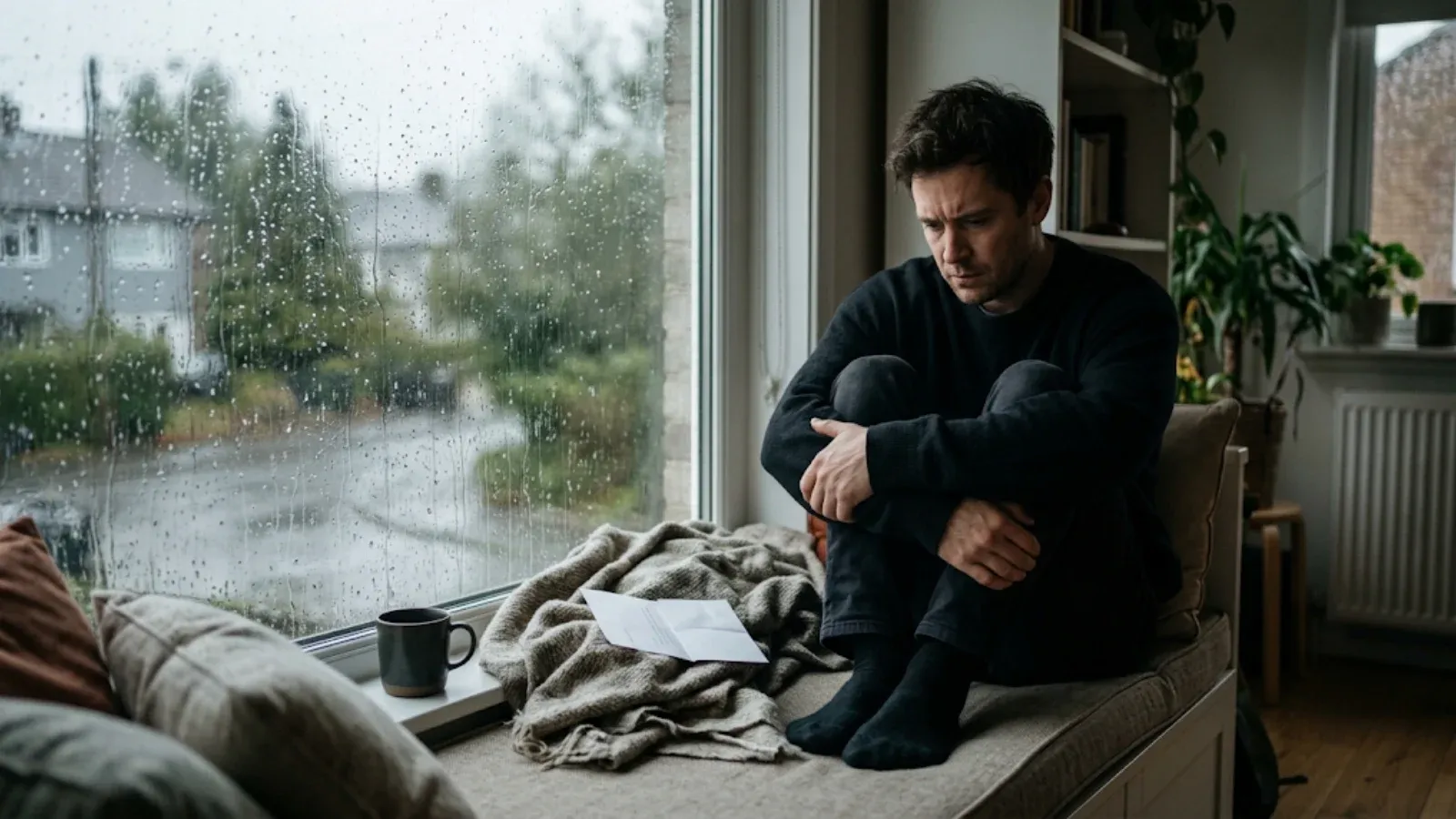 Man on a window seat on a rainy day hugging his knees and looking down with a heavy, self-critical expression