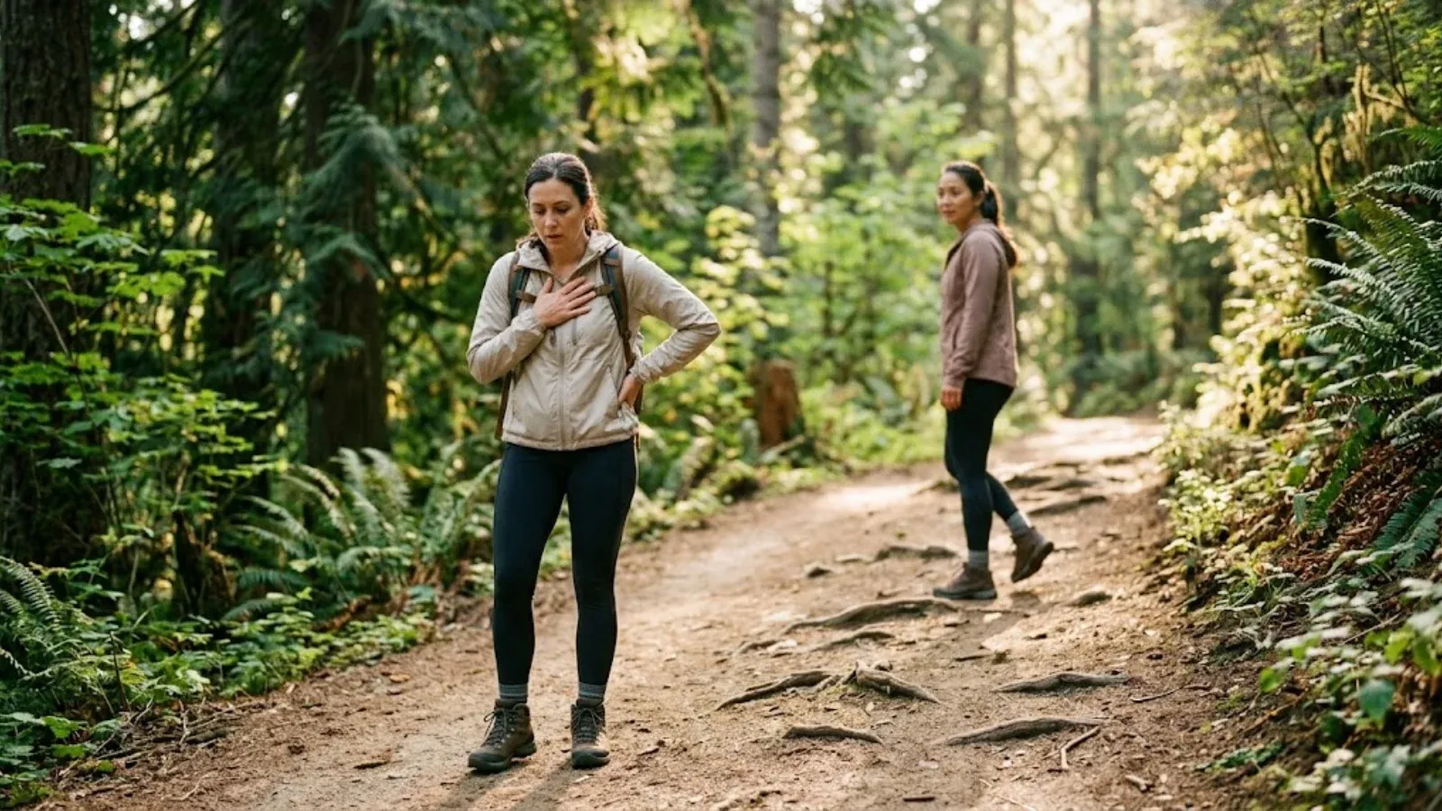 Woman pausing on a hiking trail with a hand on her chest, taking slow breaths as a friend waits nearby