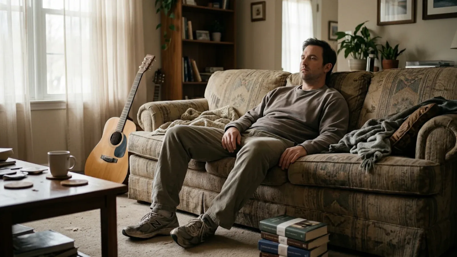 Man slumped on a couch staring blankly, an untouched guitar against the wall and unused running shoes on the floor