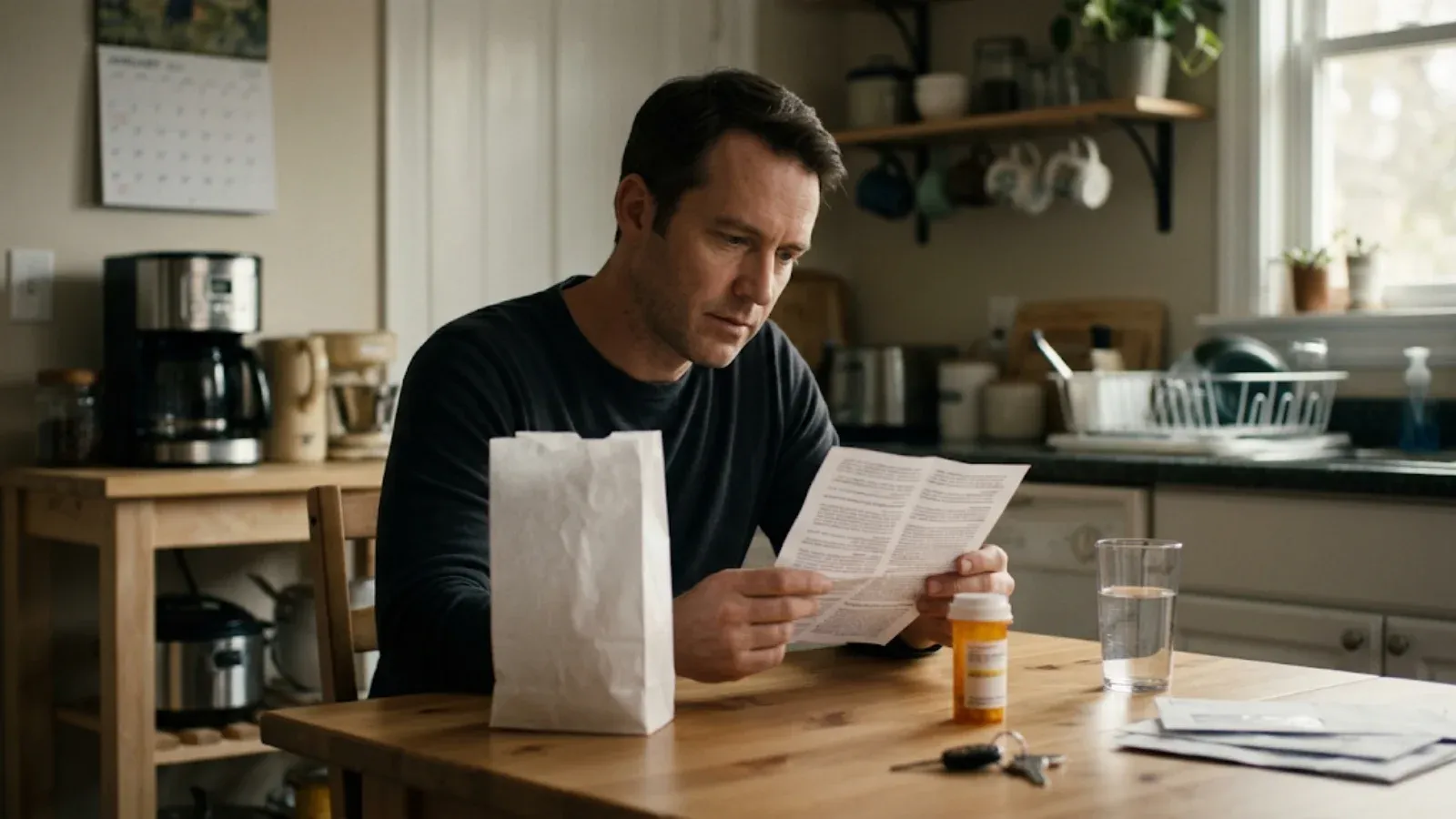 Man at a kitchen table reading a medication information leaflet beside a pharmacy bag and a glass of water