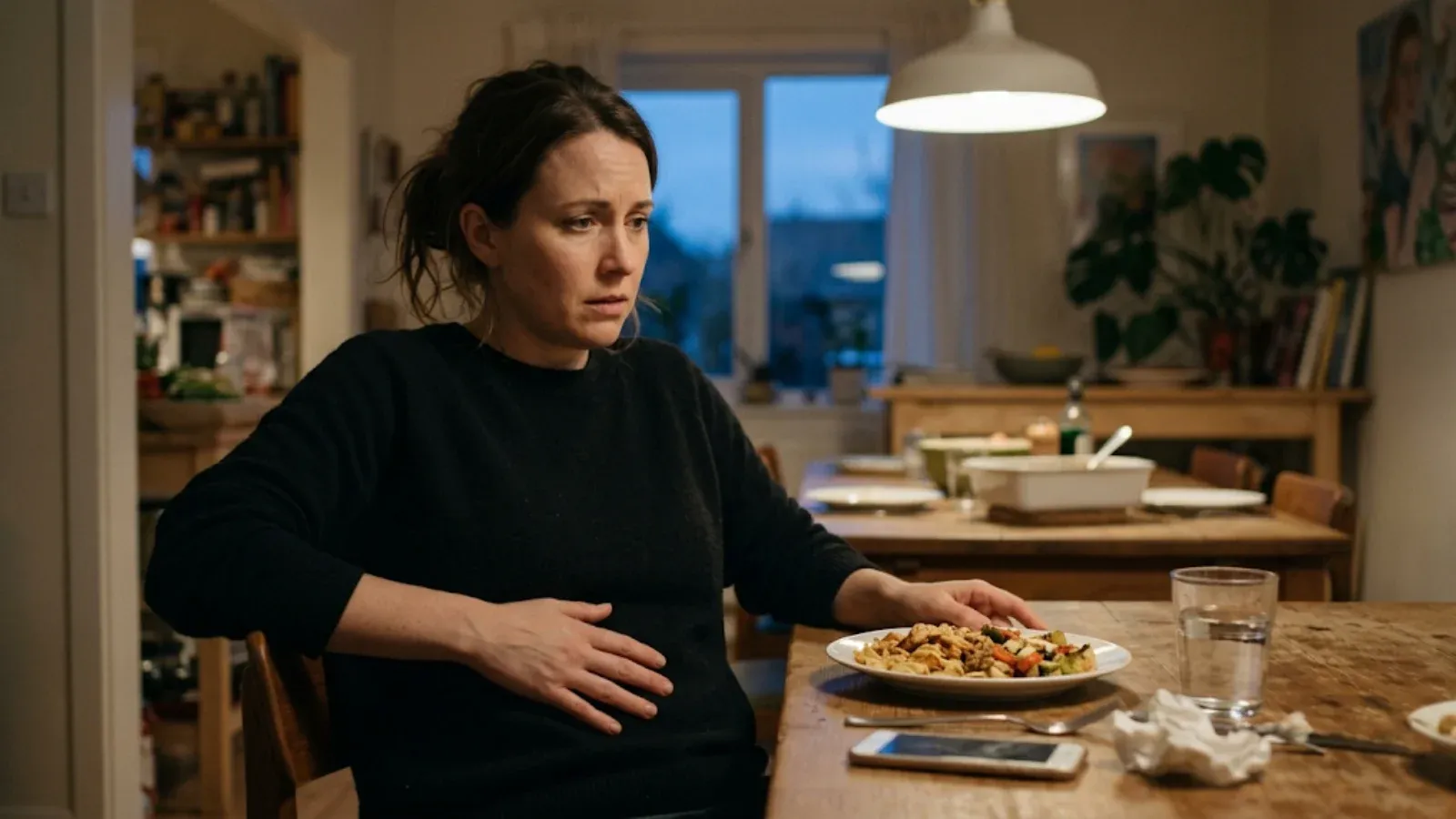 Woman at a dinner table pushing away a full plate of untouched food, hand on her stomach, looking worried