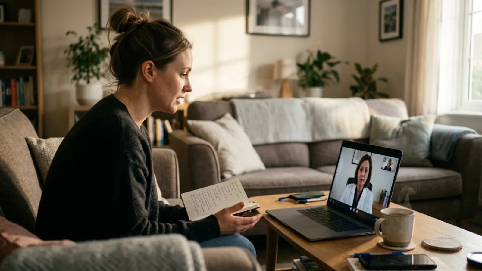 Woman on her sofa in a video appointment with a psychiatrist on her laptop, holding a notebook of questions