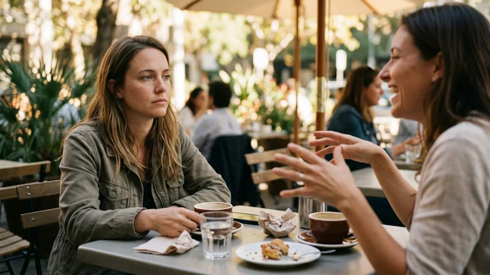Woman at a cafe table with a flat, distant expression while her friend laughs and tells a story