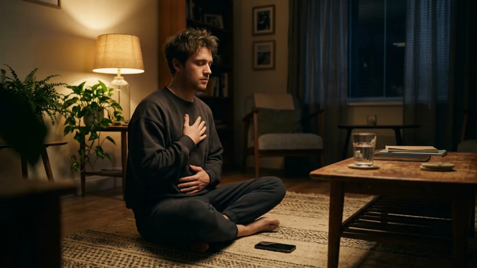 Young man sitting cross-legged on a living-room rug, eyes closed, hands on chest and belly, practicing slow breathing