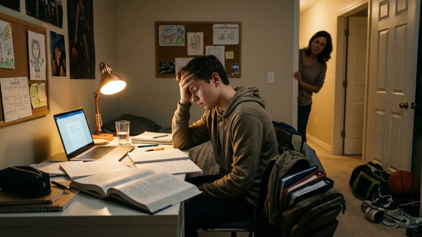 Teenage boy at his bedroom desk late at night surrounded by textbooks, resting his forehead on his hand, stressed