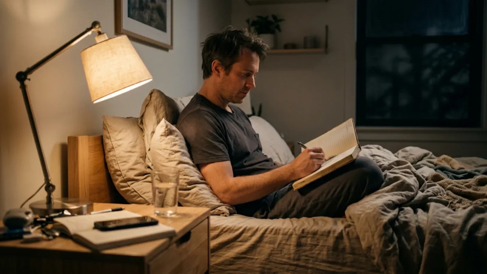 Man sitting up in bed at night by lamplight, writing in a journal propped on his knees