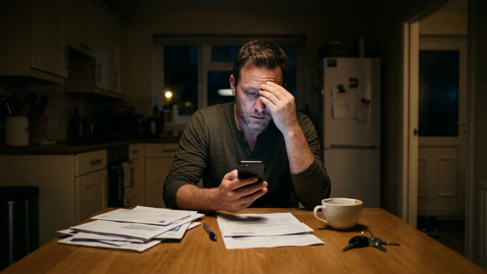 Man alone at a kitchen table late at night lit by his phone screen, rubbing his forehead with a tense expression