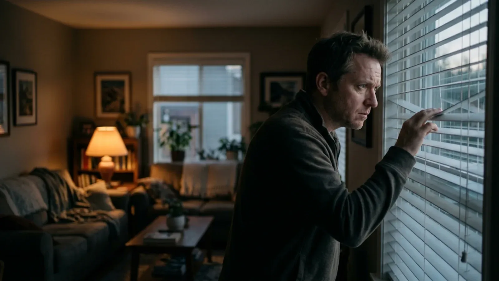 Man in a dim living room at dusk peering warily through a gap in the window blinds