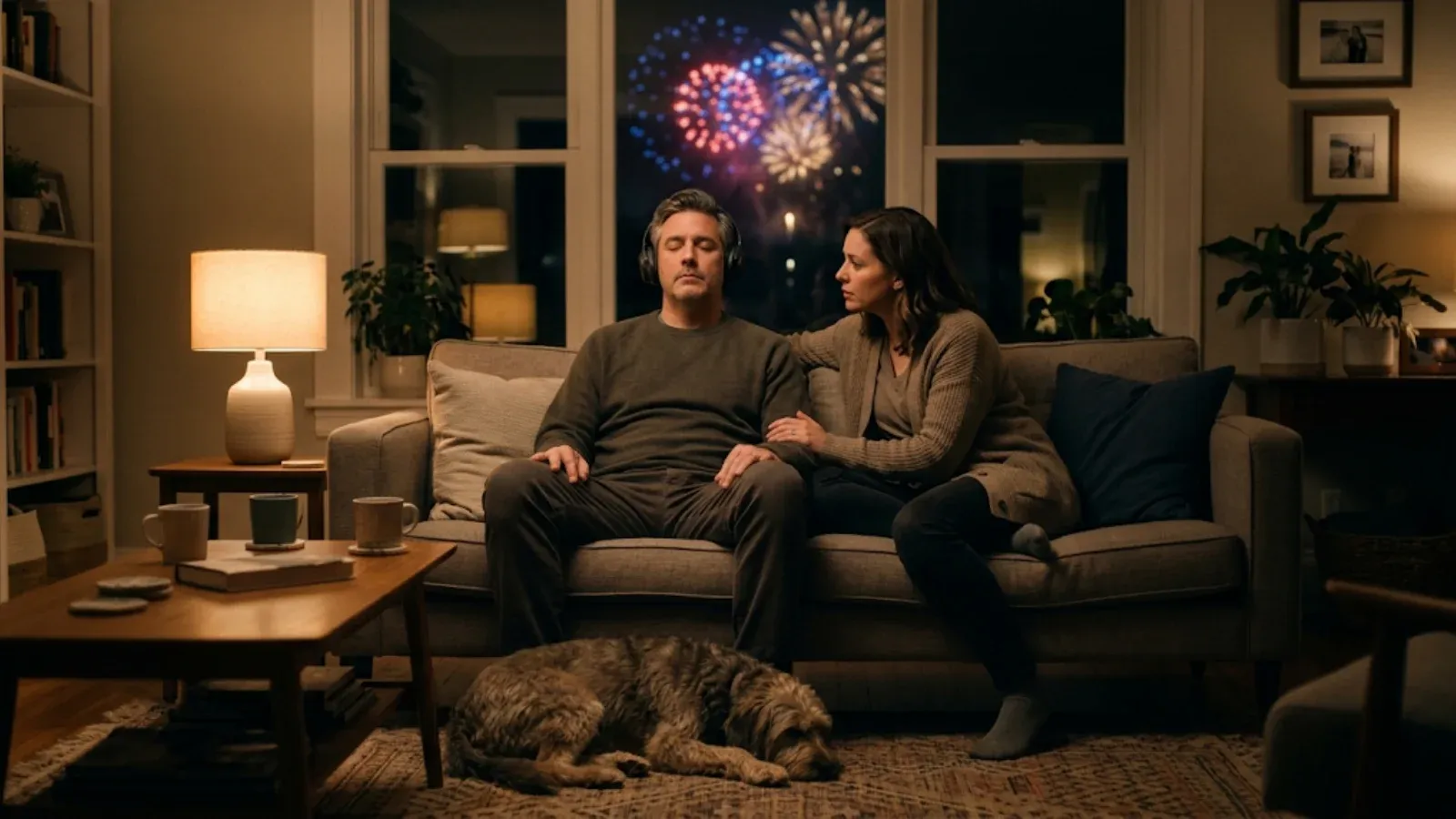 Man sitting with eyes closed on a sofa at night as fireworks glow outside, his partner comforting him and a dog at their feet