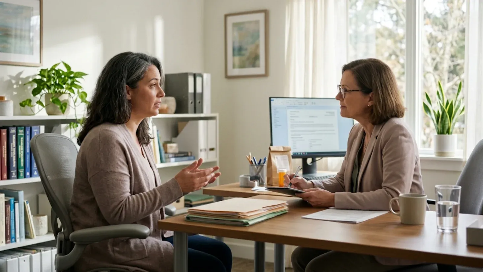 Woman talking with her prescriber across a desk in a bright clinic office while the clinician takes notes