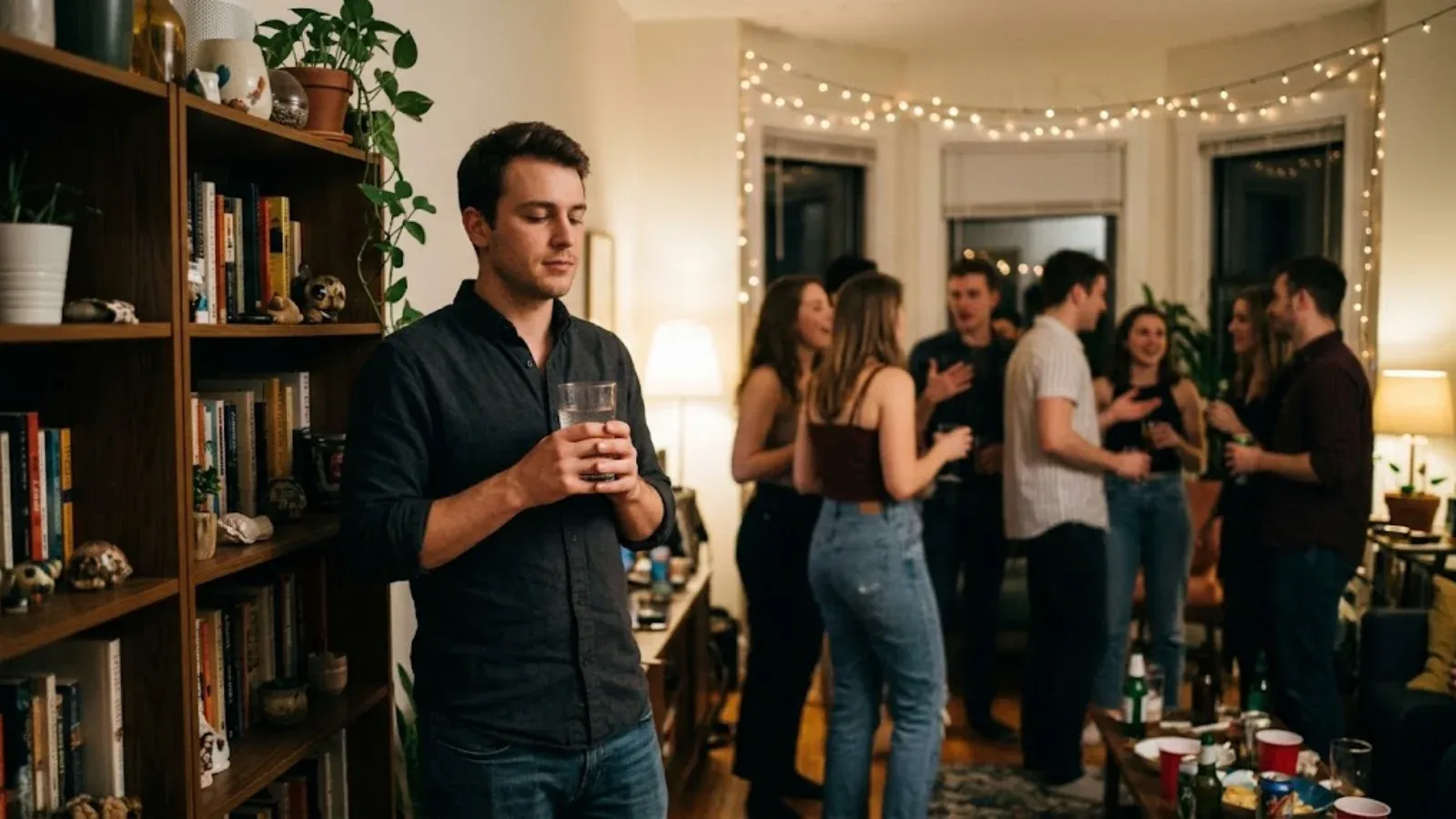 Young man stepping into a quiet corner at a house party, holding a glass of water and taking a slow breath