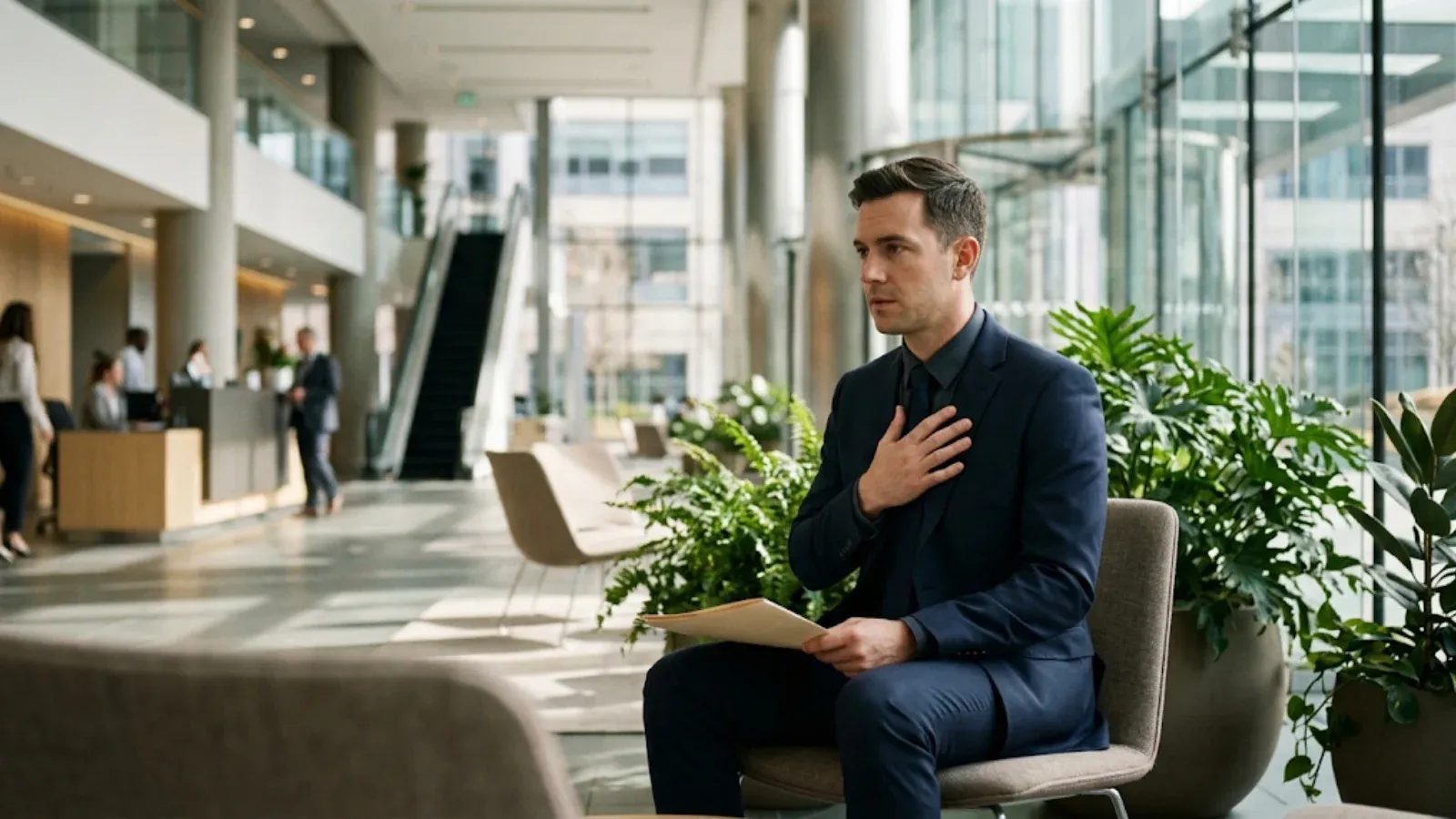 Man in a suit waiting in an office lobby before an interview, hand on his chest, taking a slow breath to calm his nerves