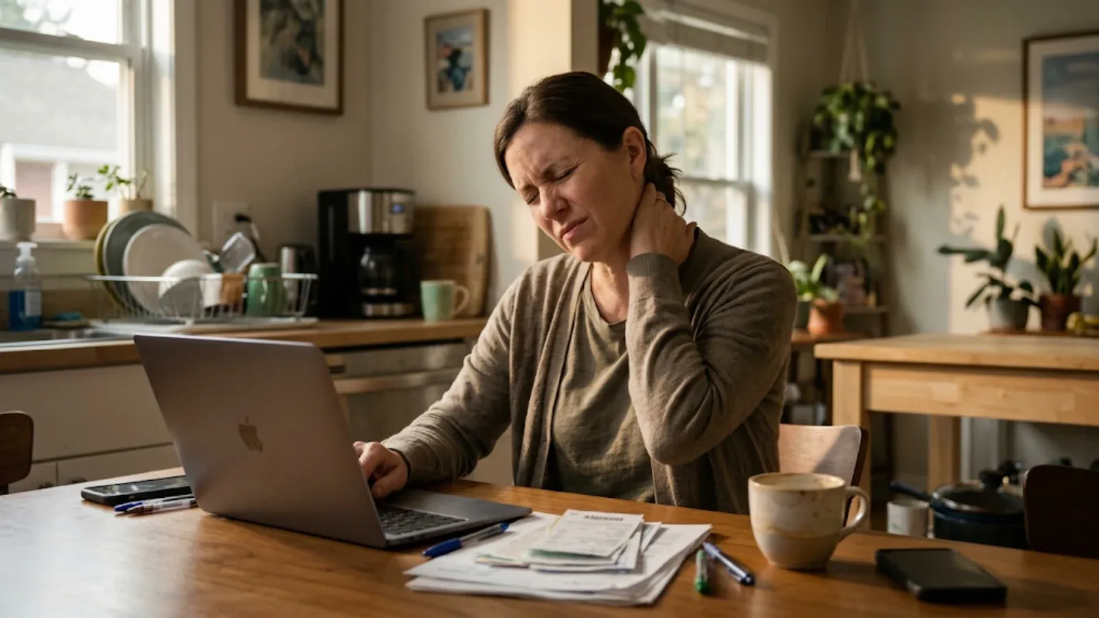 Woman at a kitchen-table laptop rubbing her stiff neck with a tension headache, bills and coffee beside her