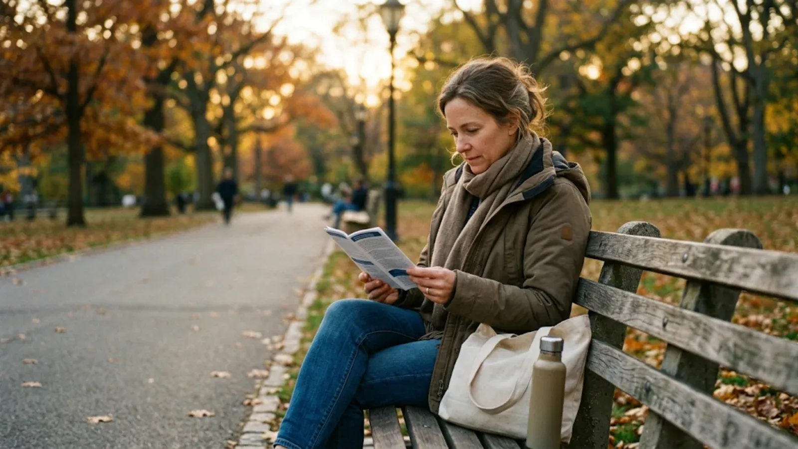 Woman on a park bench in autumn reading an informational booklet with a thoughtful expression