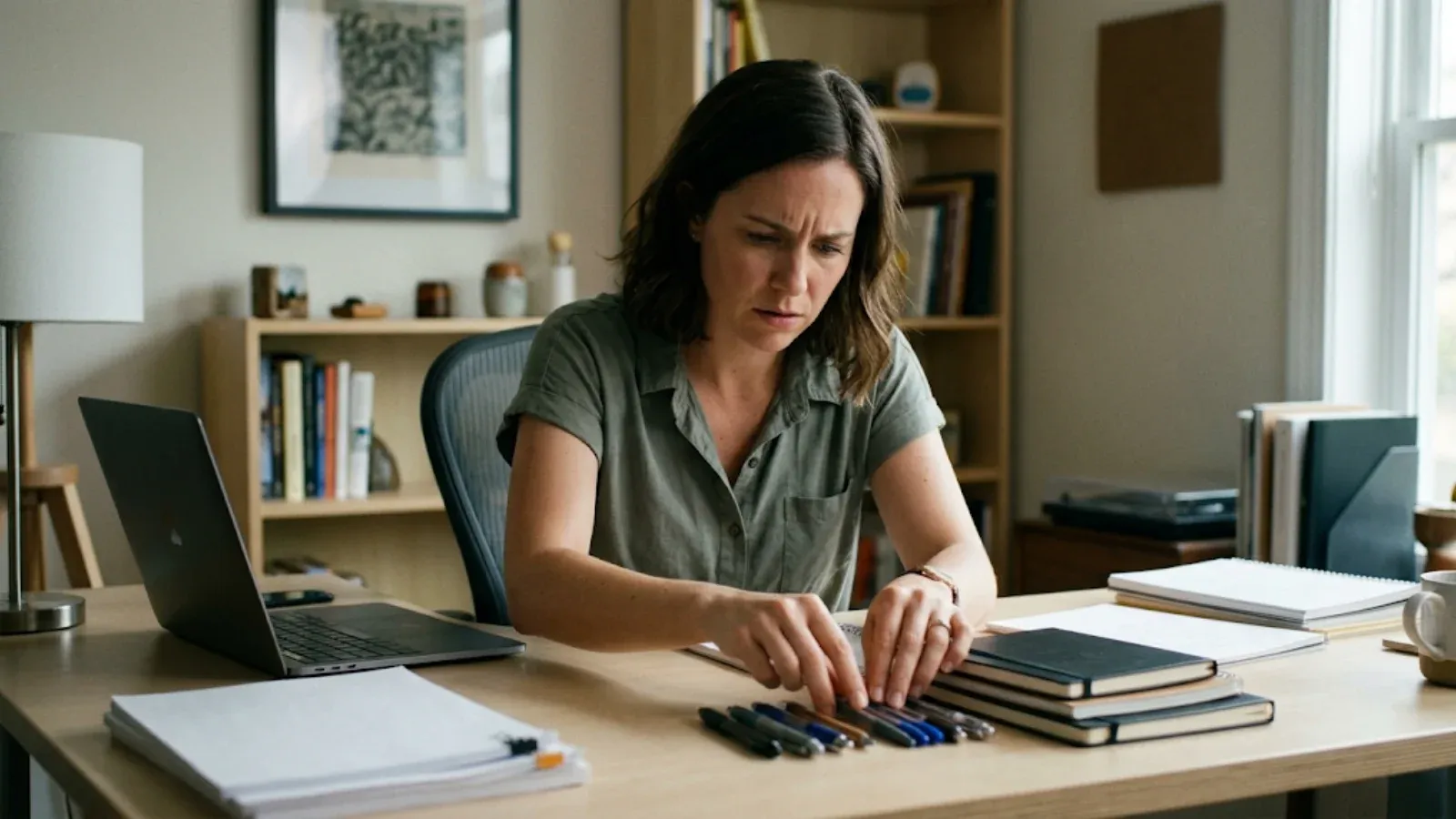 Woman at a tidy desk anxiously re-straightening a row of pens and notebooks into perfect alignment