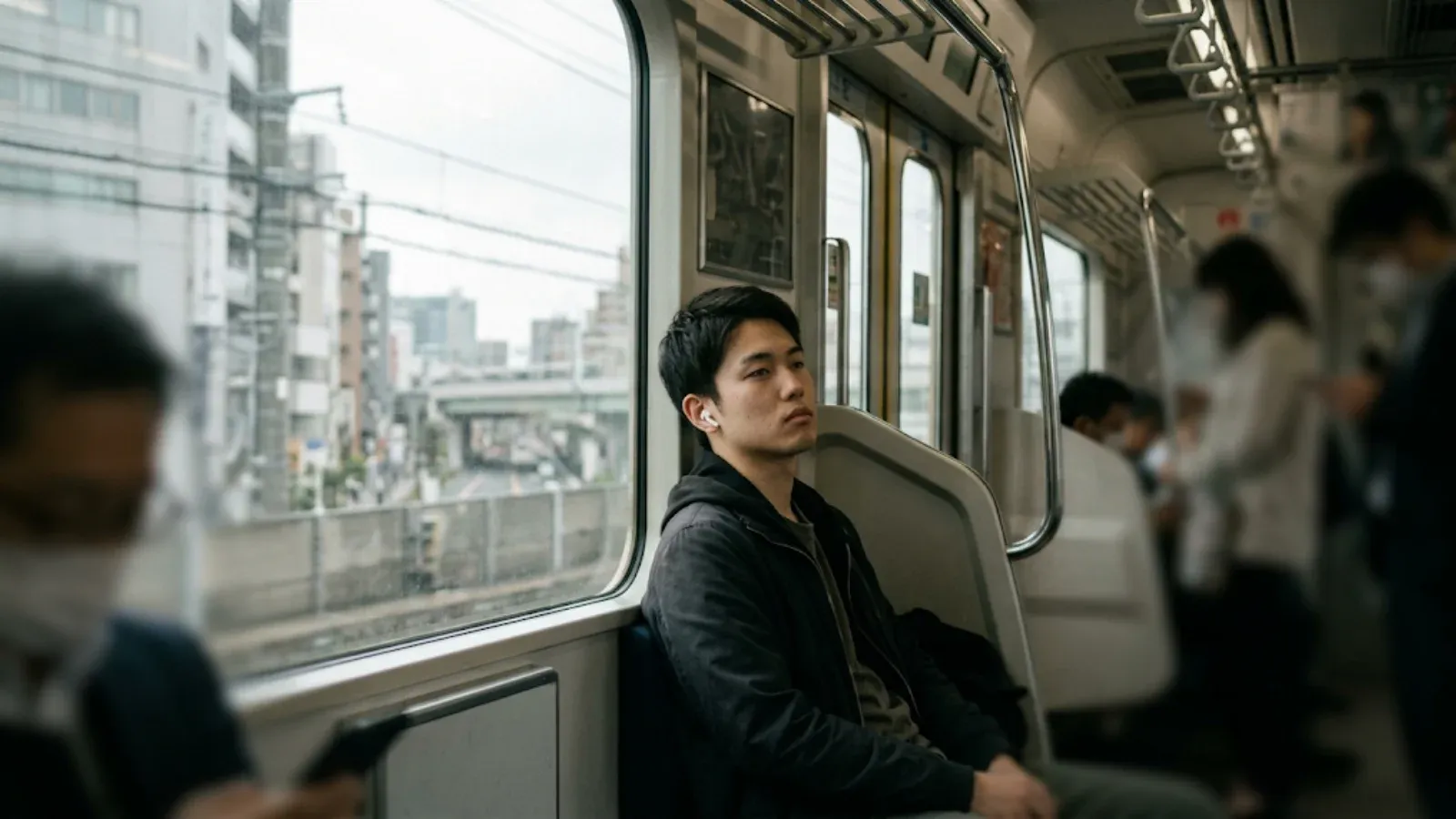 Young man by a train window on his commute, gazing out at the city with a blank, emotionally flat expression