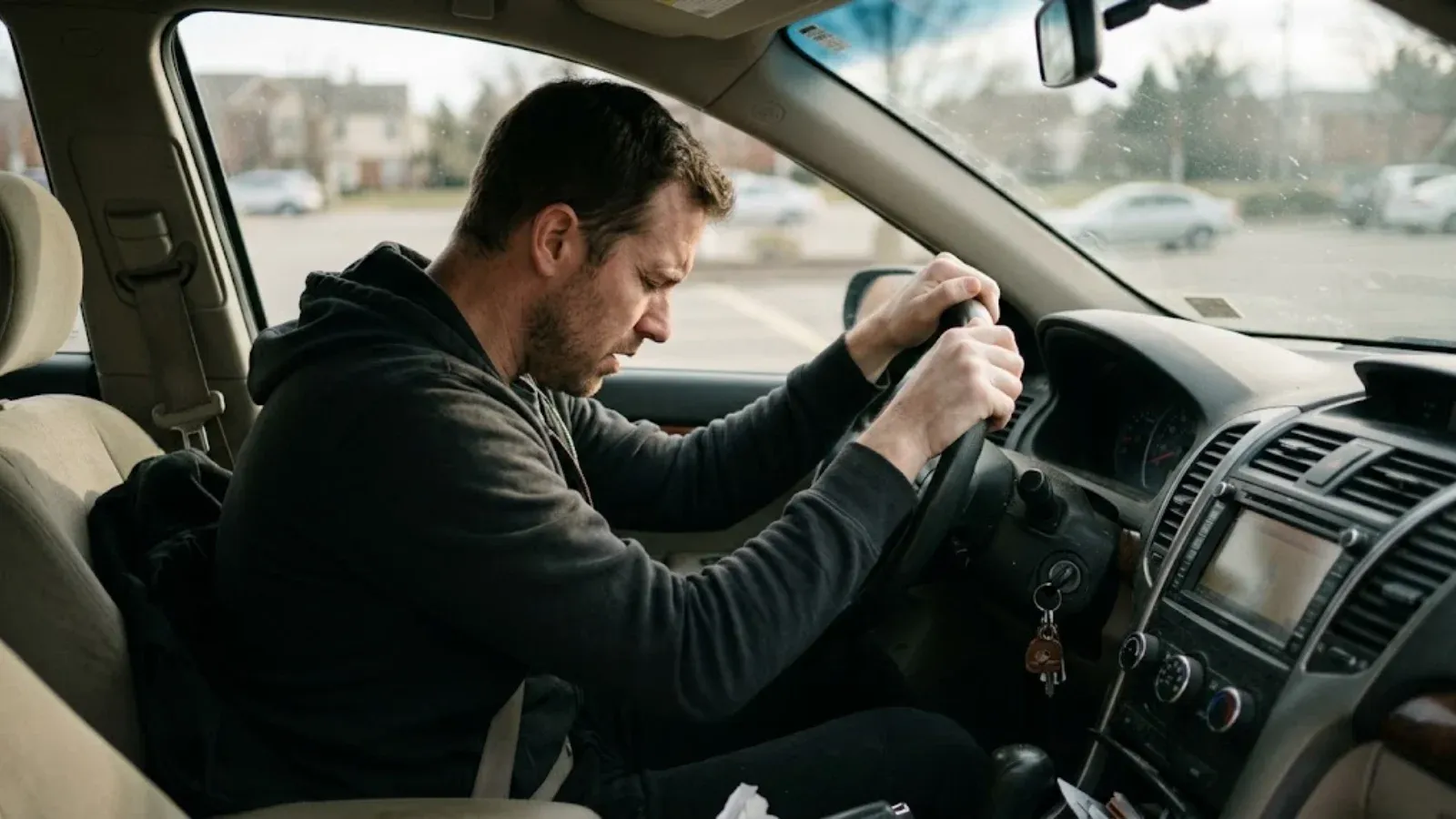 Man in a parked car gripping the steering wheel with his head bowed, breathing hard during a panic attack