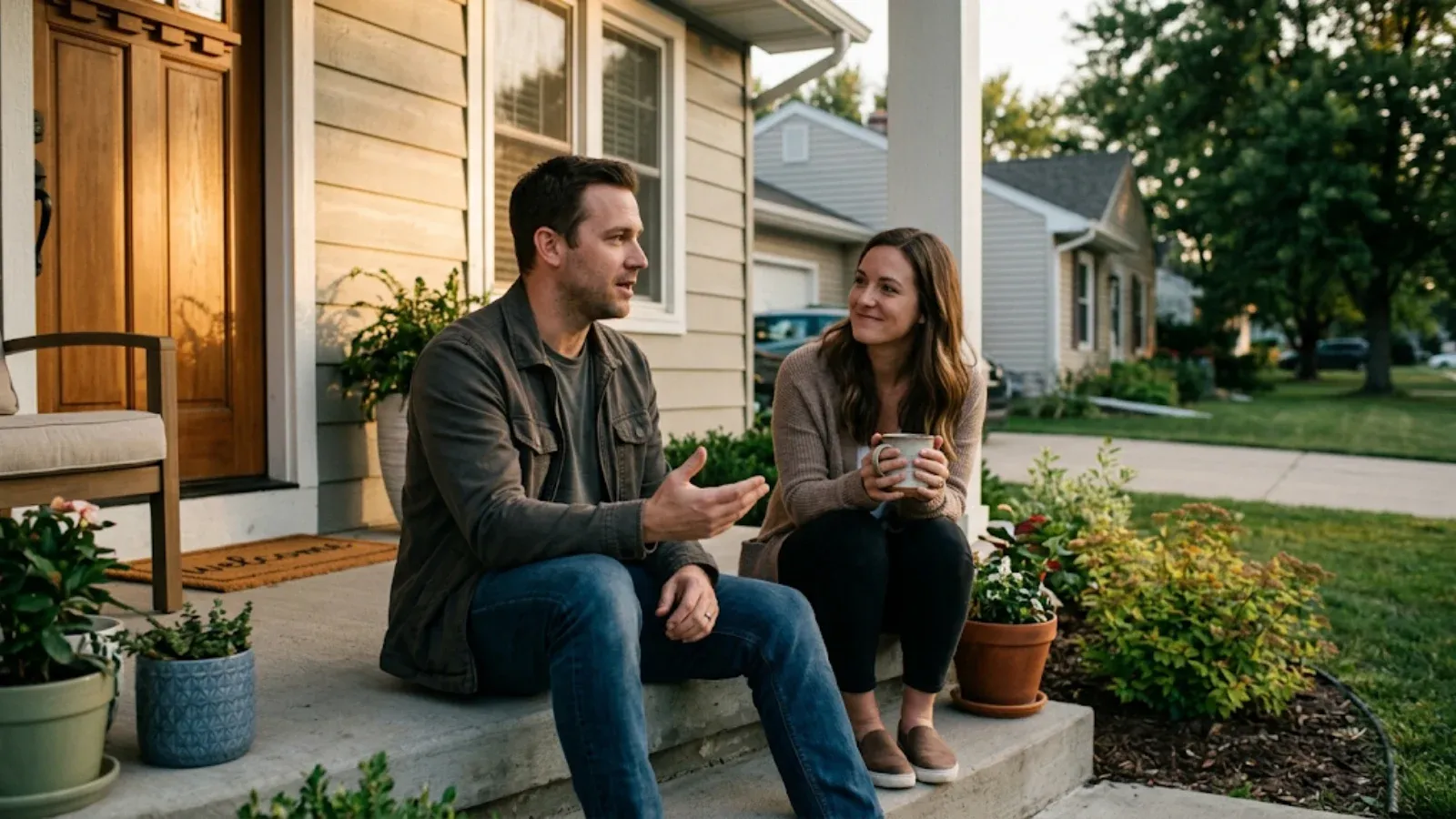 Man talking openly with his sister on a front porch step in golden evening light
