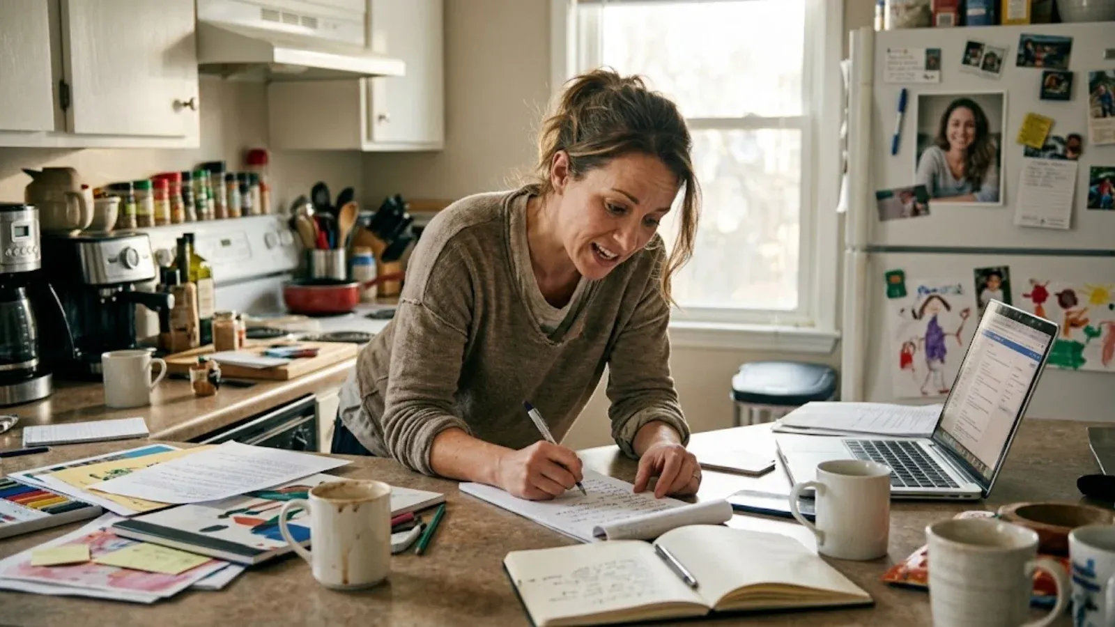 Woman at a sunny kitchen counter energetically writing a long to-do list among half-finished projects and coffee mugs