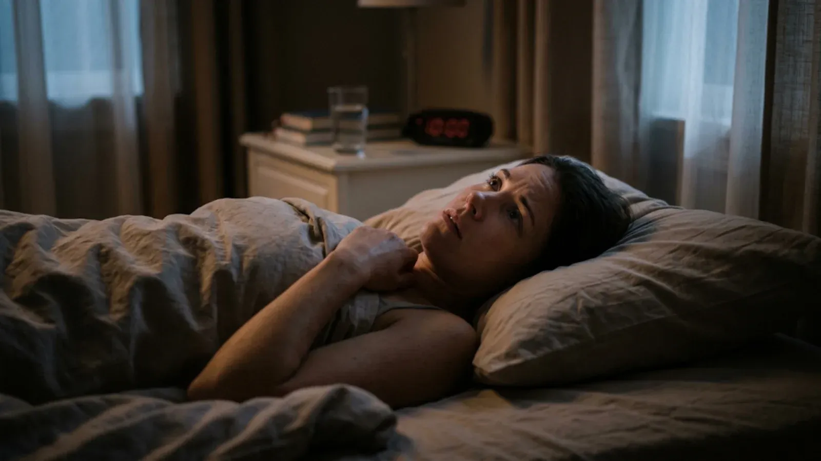 Woman lying awake in a dark bedroom staring at the ceiling, a glowing alarm clock on the nightstand