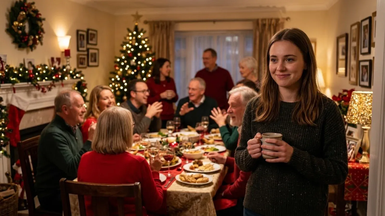 Young woman holding a mug at the edge of a family holiday gathering, smiling politely but looking tense